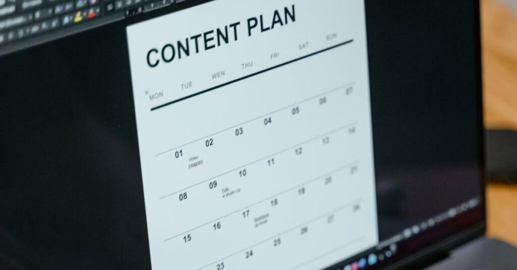 Close-up of hands typing on a laptop displaying a content plan document, ideal for business or marketing content.