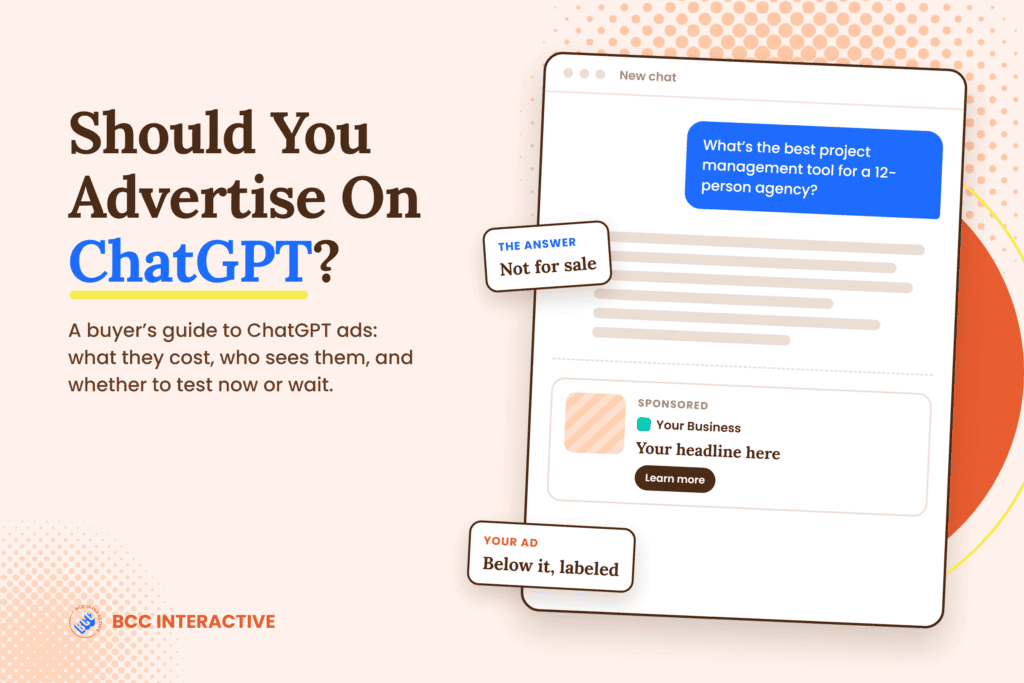 Chat window with a sponsored ad below the answer: Should you advertise on ChatGPT?