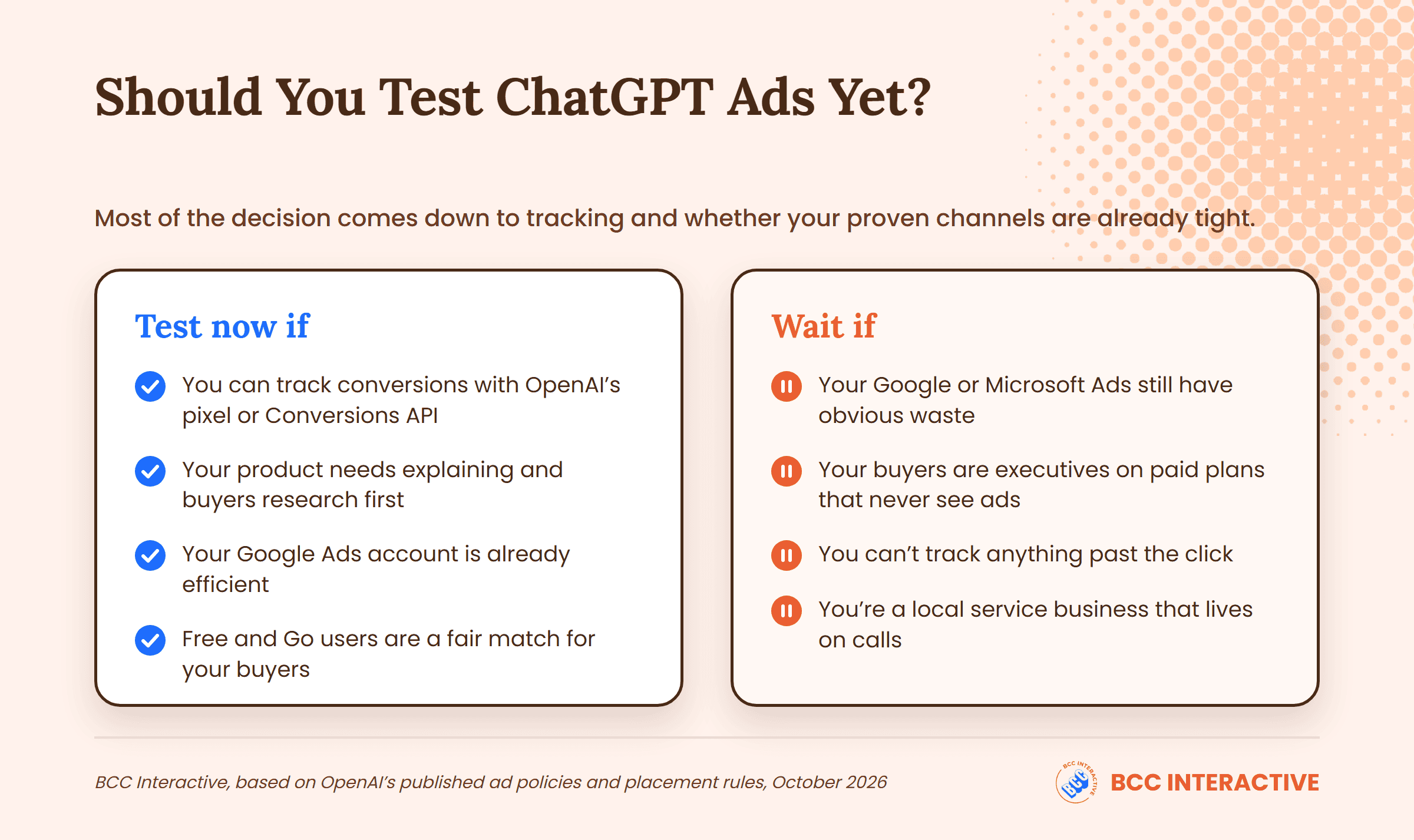 Checklist: test ChatGPT ads now if you can track conversions and your Google Ads is efficient; wait if your proven channels still waste spend
