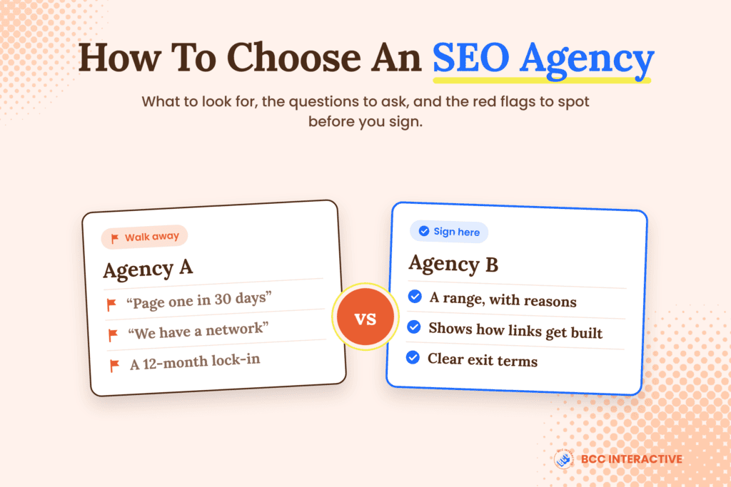 How To Choose An SEO Agency: Agency A with red-flag answers like "Page one in 30 days" and a 12-month lock-in, versus Agency B with good answers like a range with reasons and clear exit terms