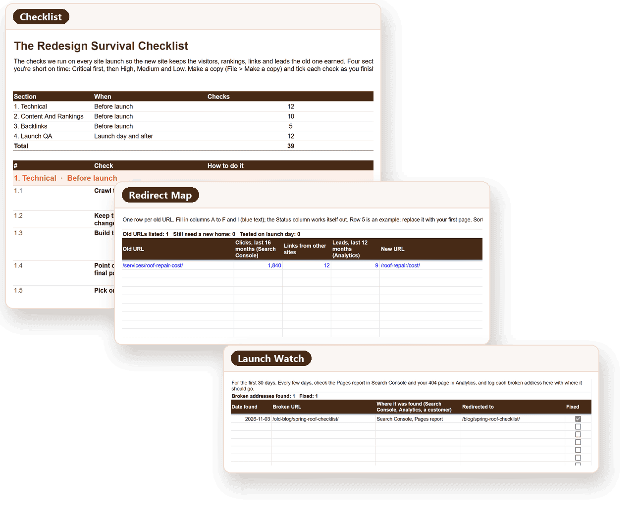 The Checklist, Redirect Map and Launch Watch tabs of The Redesign Survival Checklist Google Sheet